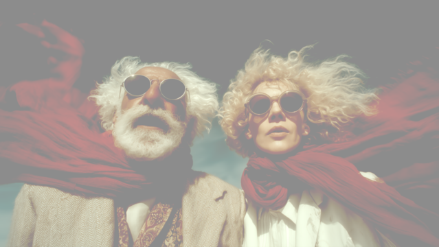 風になびく赤いスカーフをマントのように纏う面白いカップル - Powered by Adobe