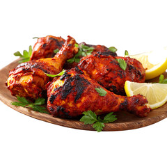 Succulent tandoori chicken drumsticks with lemon wedges tantalize taste buds, perfect for food bloggers, chefs, restaurants and recipe promotions