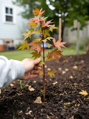 Planting a young maple sapling in a backyard