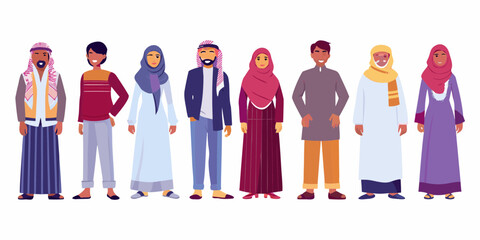 Diverse group of men and women in traditional and modern islamic clothing standing together