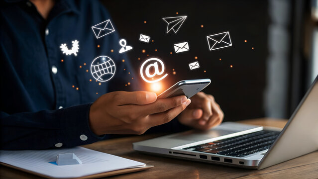 Man Using Smartphone and Laptop to Manage Emails, Social Media, and Business Correspondence for Digital Success - Powered by Adobe