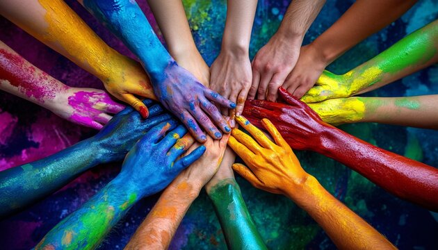 Many arms and hands painted in various colors are stacked on top of each other, creating a vibrant and symbolic image.
