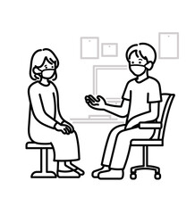マスクをして診察をする医師のイラスト　線画のみ