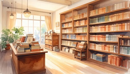 A warm and inviting interior, filled with books, showcases a cozy bookstore setting bathed in natural sunlight.