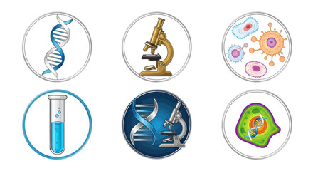 Set of scientific icons for biology and research, depicting DNA, microscopes, lab equipment, and various cellular structures