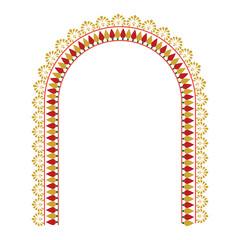 Decorative arch frame with golden pattern. Ornamental arch-shaped frame in red and gold design, featuring floral and geometric details, ideal for invitations, posters, or festive art. Durga Puja Frame