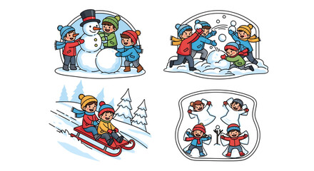 Fototapeta premium Joyful winter scenes with children playing in the snow, featuring a collection of four fun seasonal activities in a cute cartoon style
