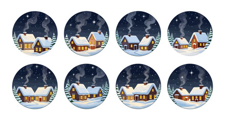 Whimsical collection of hand-drawn winter wonderland icons featuring snowy cottages under a starlit sky
