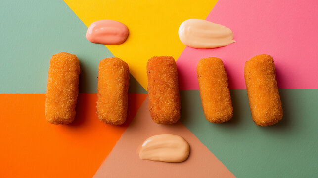Fish Sticks and Sauces on Colorful Geometric Layout