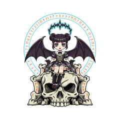 A gothic anime girl with bat wings sits on a skull.