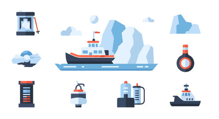 A collection of flat vector icons representing arctic maritime exploration, polar research, and scientific equipment