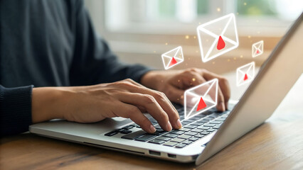 Boost your business with effective email marketing campaigns using this visually engaging image of a person working on a laptop with email icons
