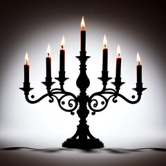 Black silhouette of a decorative candelabra with burning candles on a white background