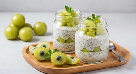Two Glass Jars of Chia Pudding with Fresh Green Fruits and Mint Garnish