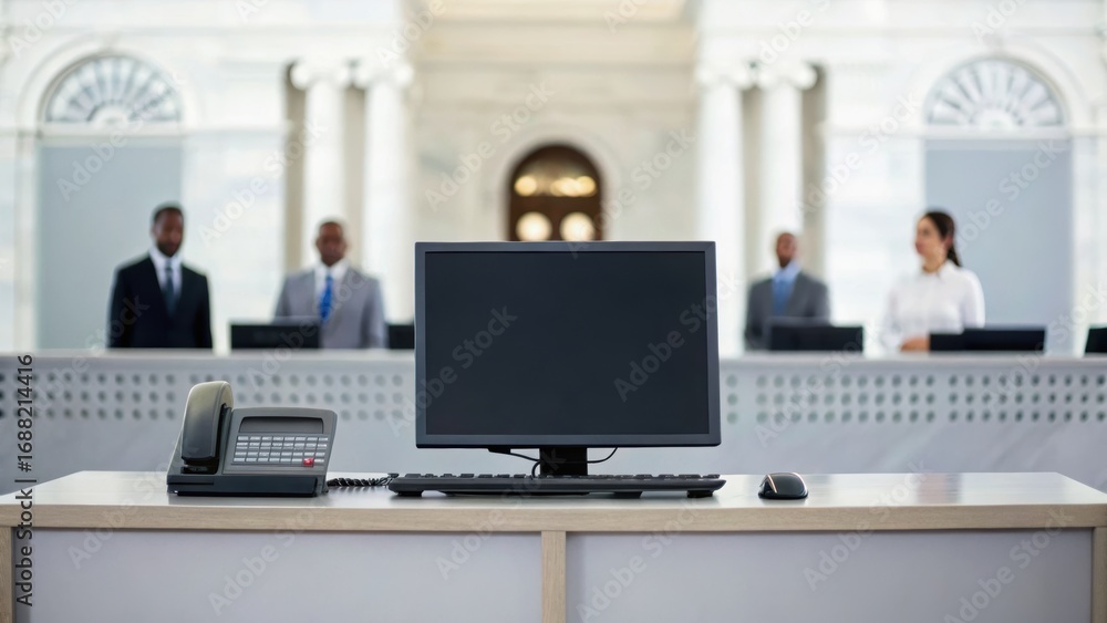 Poster an office setting with a computer and phone on a desk, featuring professionals in business attire in