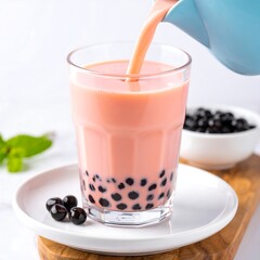 Pink bubble tea being poured