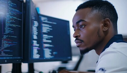 A young man sits at his desk, intently reviewing lines of code displayed on his computer monitors.