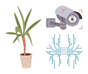 Potted plant, CCTV camera, and digital circuit board interconnected visually. Ideal for smart tech, artificial intelligence, surveillance, ecology, innovation safety nature-tech balance. Clear