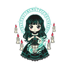 Cute gothic girl holding a lantern with a ghost and candles.