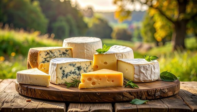 A wooden platter displays a selection of assorted cheeses, including creamy brie, sharp cheddar, and flavorful blue cheeses, against a backdrop of a picturesque outdoor scene.