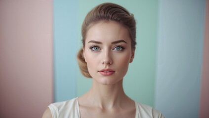 Fototapeta premium Stylized portrait of the young woman featuring 1960s retro inspired hair and makeup, posing indoors against a pastel colored backdrop within soft natural light with a calm expression