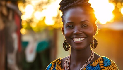 A young African woman with dark skin and braided hair wears a colorful dress and beaded jewelry, smiling warmly in the golden light of the setting sun.