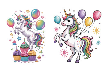 Birthday Unicorn Rainbow Clipart Design, Colorful Birthday Clipart Bundle | Cute Party Elements, Balloons, Cake, Gifts, Kids Celebration Illustrations, Vector Design for Invitations & Cards