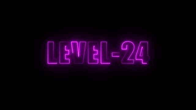 Neon purple L E V E L 24 text glowing on black background futuristic digital game achievement
