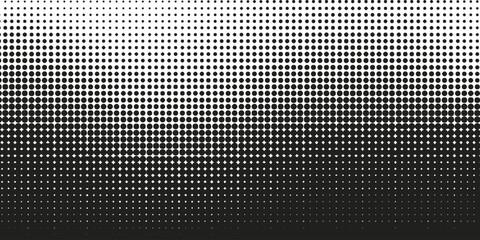 Dotted halftone gradient texture. Fading polka dot background. Repeated dots gradation pattern. Black vanishing comic pop art overlay backdrop. Halftone raster effect wallpaper. Vector Ilustration