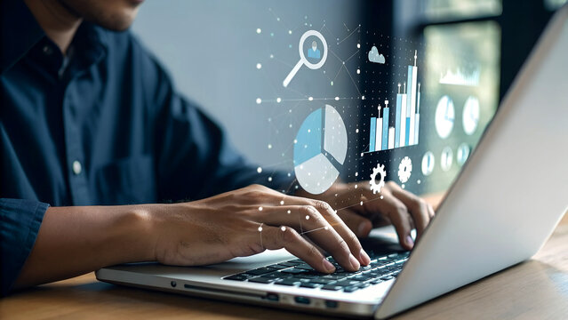 Analyze vibrant data trends with a laptop for strategic business decisions and gain insightful analytics for success in today's competitive market