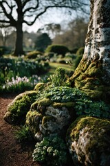 Moss-covered rocks at the base of a tree in a garden