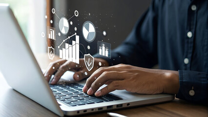 Boost your business insights with modern data analytics on a laptop, visualize growth and success with dynamic financial graphs and charts
