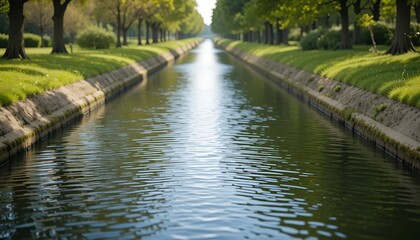 Obraz premium Calm waterway stretches between green banks and rows of trees in serene landscape setting.