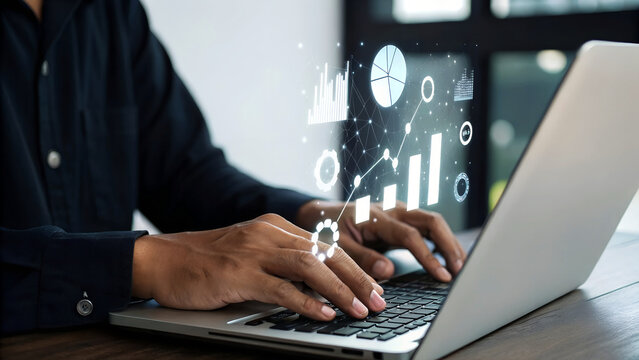 Analyze data for business growth using laptop with dynamic charts and graphs, make smart decisions for future success, and improve performance, professionally