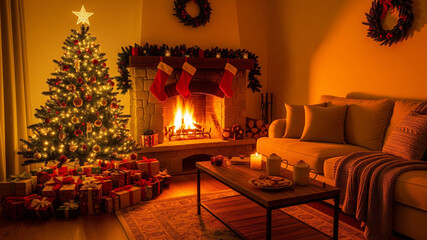 Cozy living room with Christmas tree and fireplace