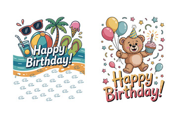Summer Panda Birthday Clipart Design, Colorful Birthday Clipart Bundle | Cute Party Elements, Balloons, Cake, Gifts, Kids Celebration Illustrations, Vector Design for Invitations & Cards