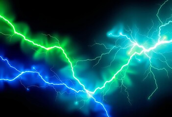Clashing green and blue energy bolts, vibrant lightning streaks on dark background,  battle,  nature