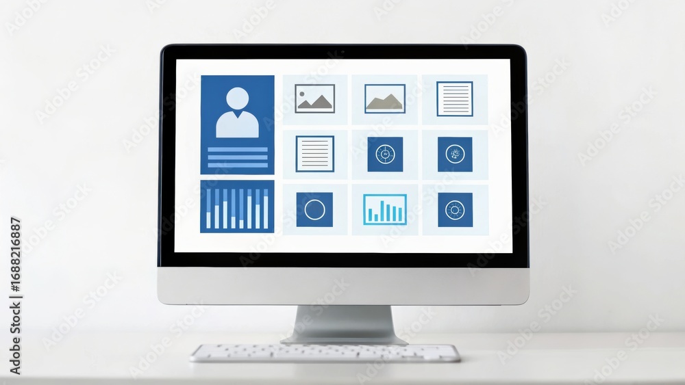 Fototapete computer monitor displaying various icons and graphics related to data and user interface design on 