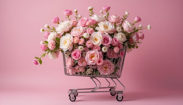 A shopping cart filled with delicate pink and white roses, conveying a sweet and romantic sentiment.