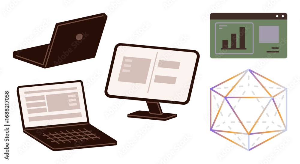 Poster modern laptop, desktop monitor with open applications, data-centric window with charts, geometric sh
