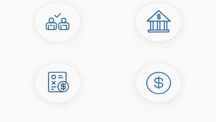 Four circular icons representing business concepts: partnership, banking, financial documents, and currency symbols.