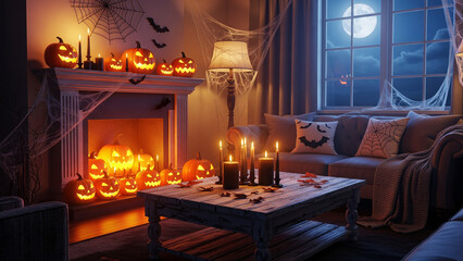 Cozy living room with Halloween decorations and glowing jack-o-lanterns at night