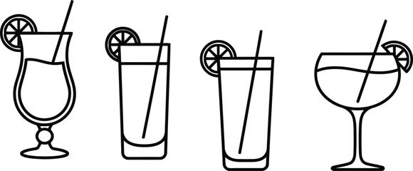 Diverse cocktail glass set refreshing drinks with citrus slices and straws simple line art vector