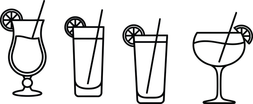 Diverse cocktail glass set refreshing drinks with citrus slices and straws simple line art vector
