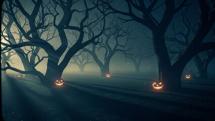 Scary Halloween night in a haunted forest with glowing jack-o-lanterns and fog