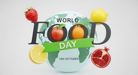 World food day text with fruits and a stylized earth globe, celebrating global food security and nutrition on october 16th