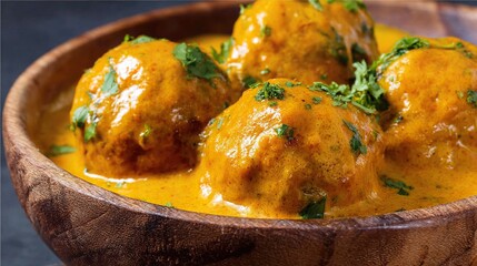Meatballs paired with a rich orange sauce, sprinkled with fresh cilantro leaves, served in a wooden bowl; perfect for showcasing on social media or food blogs.