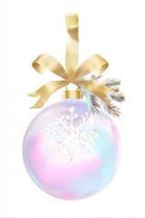 High-resolution pastel gradient Christmas bauble with gold ribbon, snowflake and pine branch isolated on transparent background, festive holiday decoration with elegant and delicate design