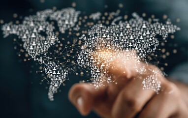 Global network of people, a hand points to a world map overlayed with interconnected profile icons