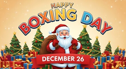 Happy boxing day illustration with santa claus, christmas trees, and gift boxes, celebrating december 26th